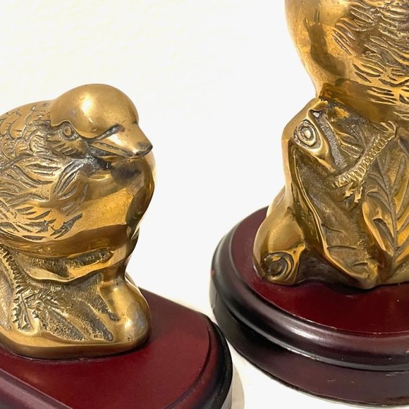 Brass Birds Elaborate Statues Bookends On Mahogany Stands - Picture 9 of 9
